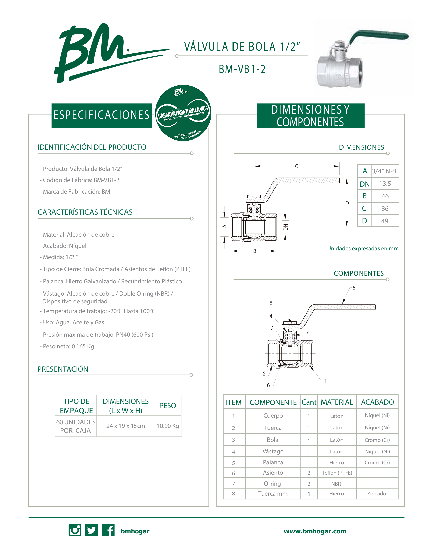 Válvula de compuerta BM 1/2 pulgada para agua potable