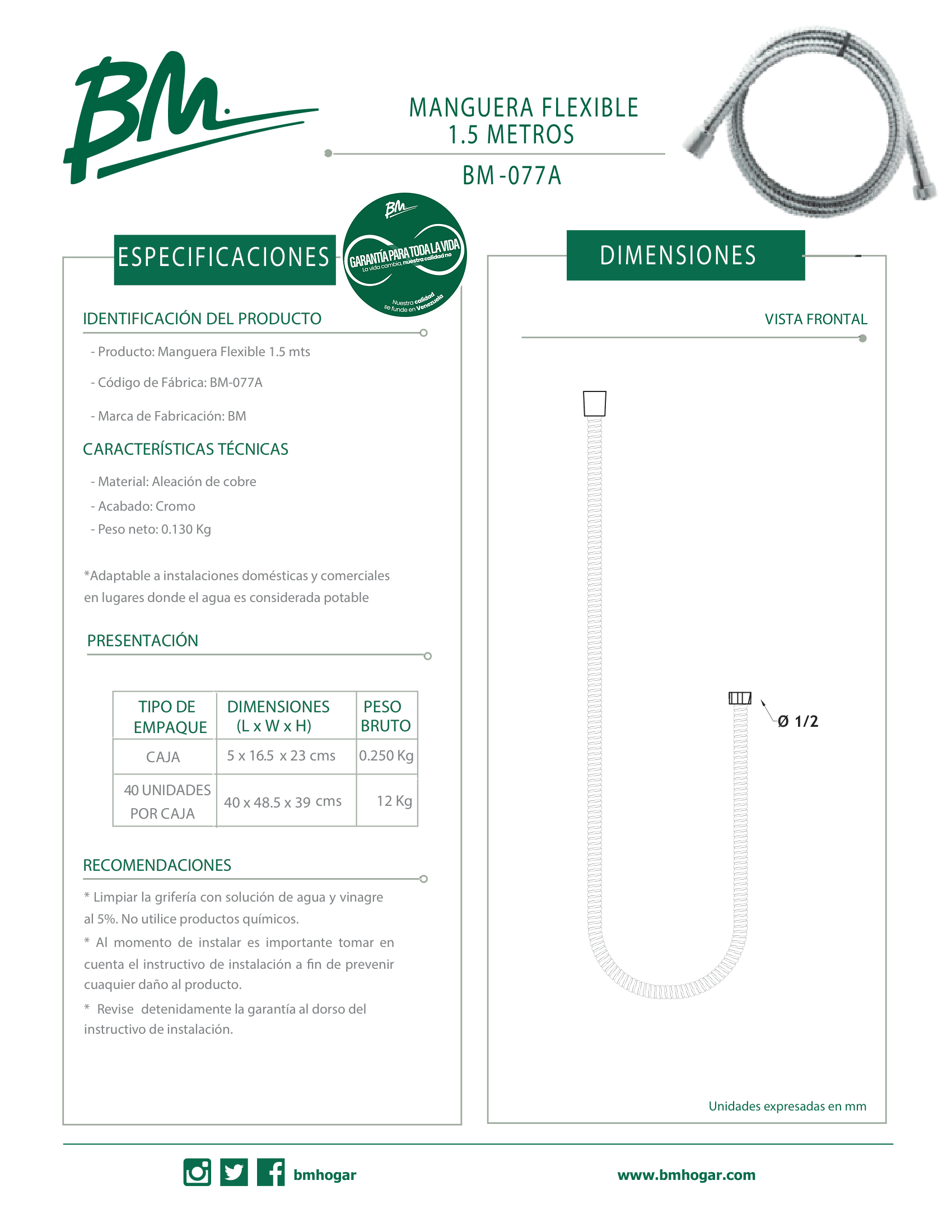 Manguera flexible cromada de 1.5 metros para instalaciones de agua potable