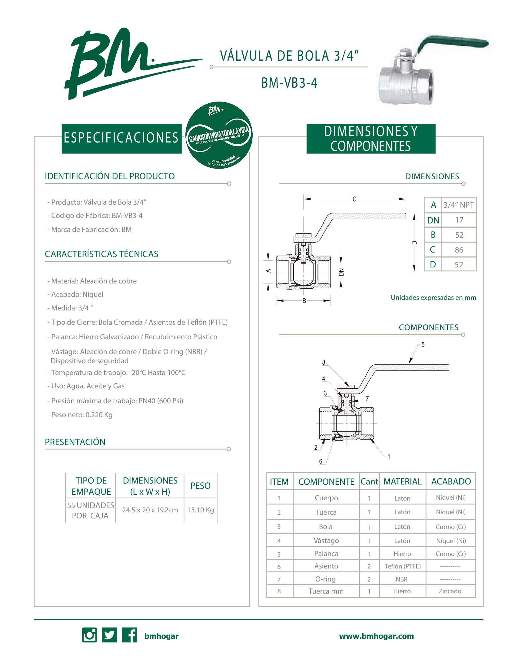 VALVULA BOLA 3/4'' CROMADA PC BOL.