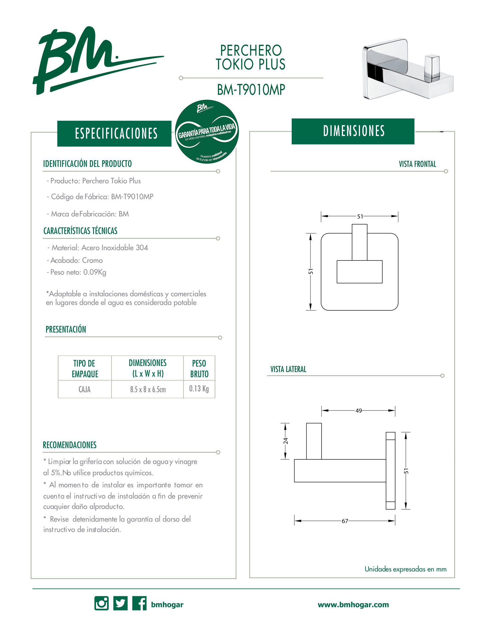 Perchero de pared en acero inoxidable para baño modelo Tokio Plus