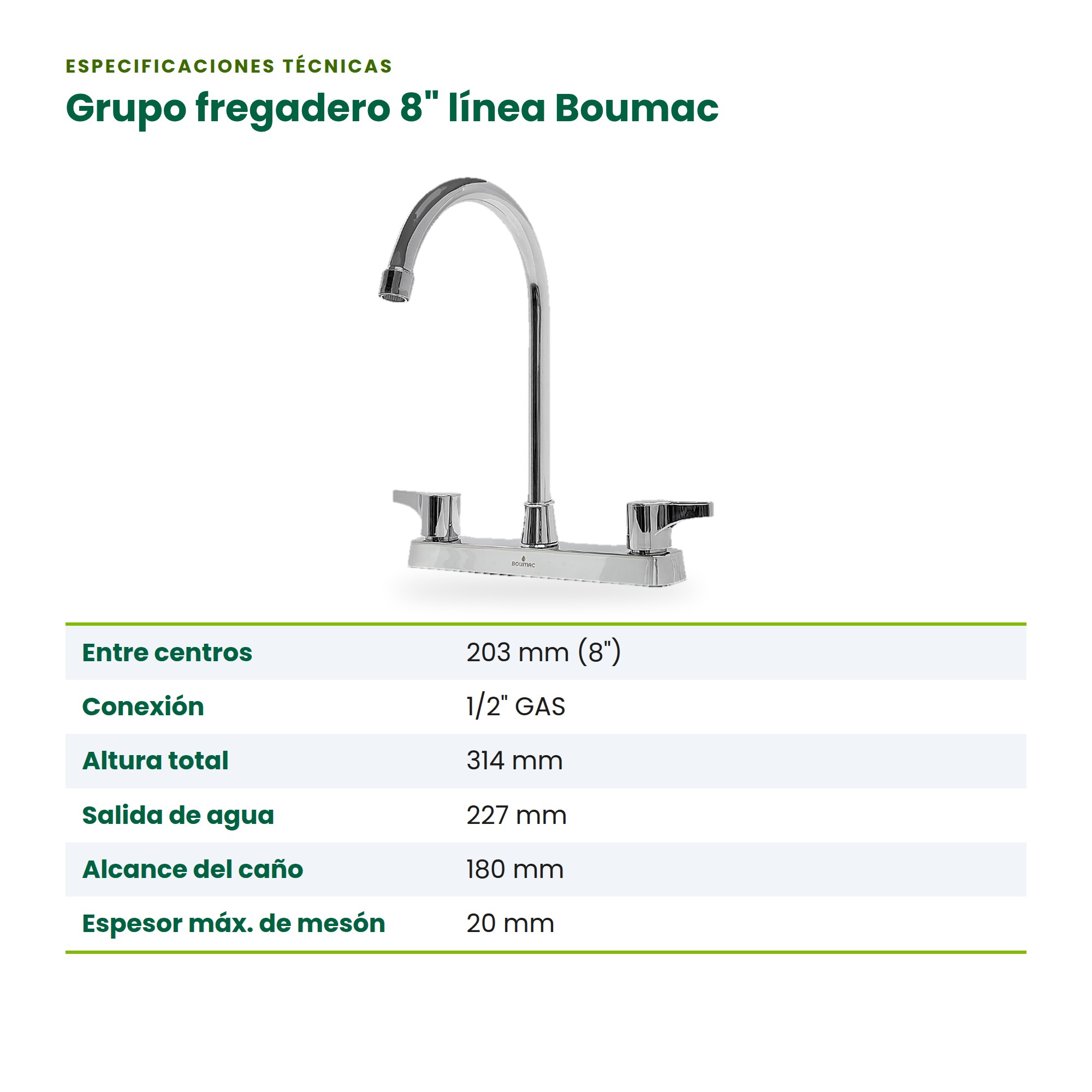 Grifo para fregadero cromado de 8 pulgadas Boumac BM-88208