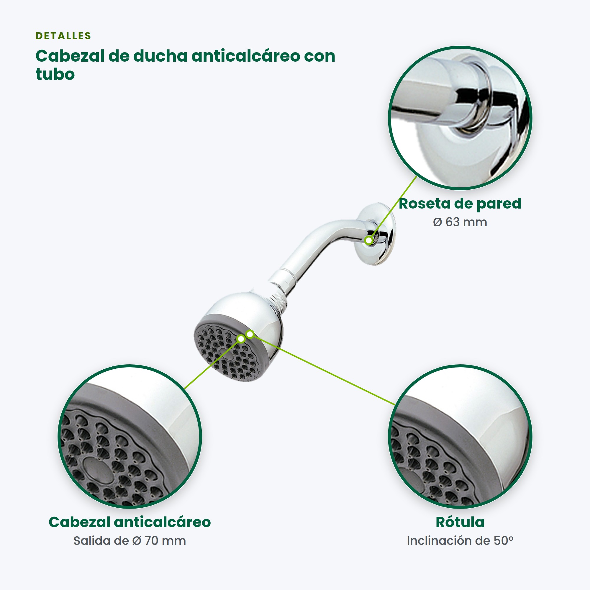 Cabezal de Ducha Anticalcárea Cromo con Tubo y Roseta BM-901