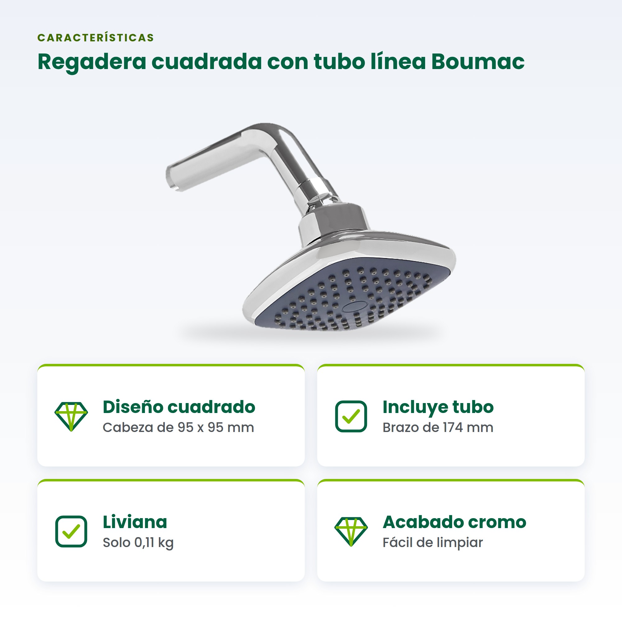 Regadera cuadrada con tubo cromada Boumac BM-139 para baño