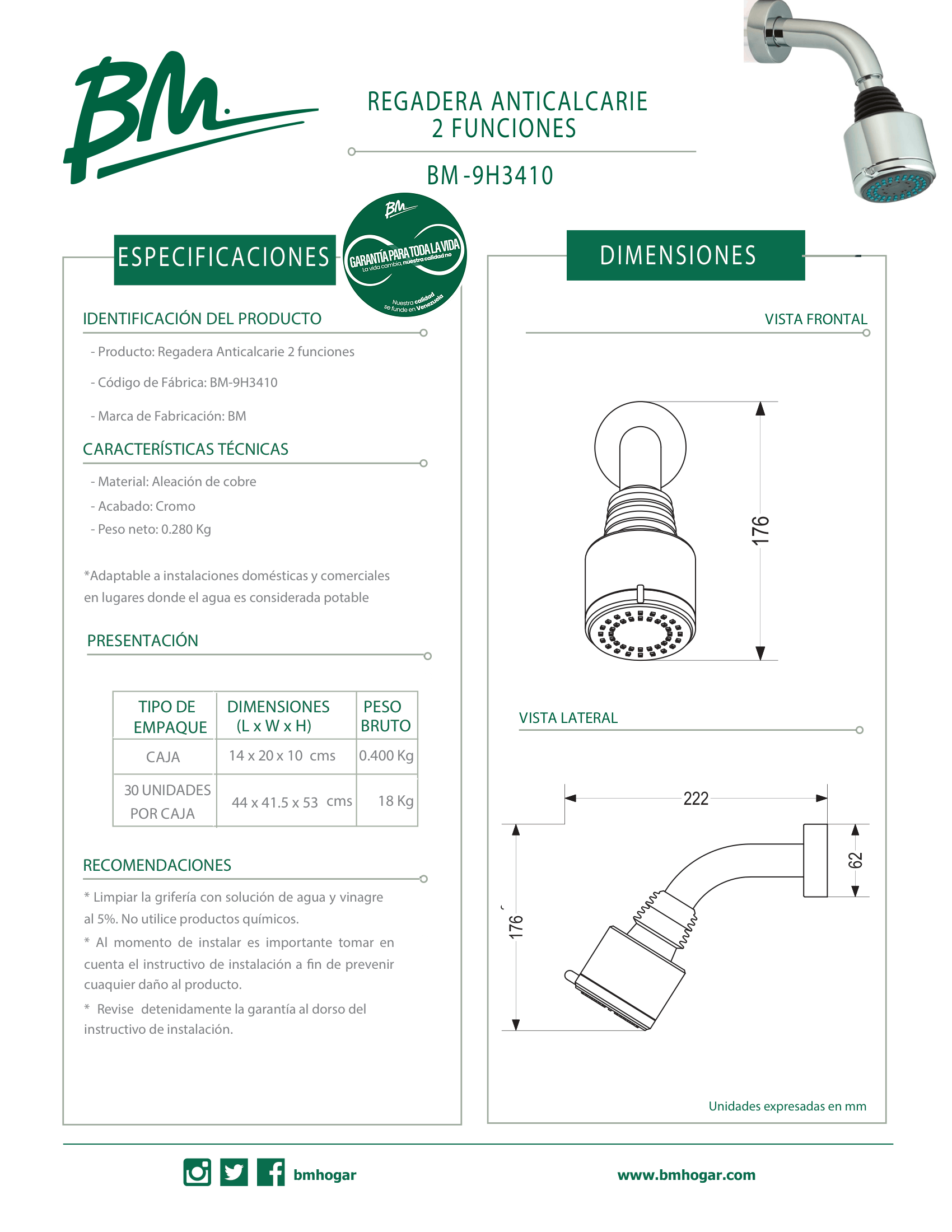 Regadera Anticalcarie 2 Funciones BM-9H3410 de Cromo para Baños