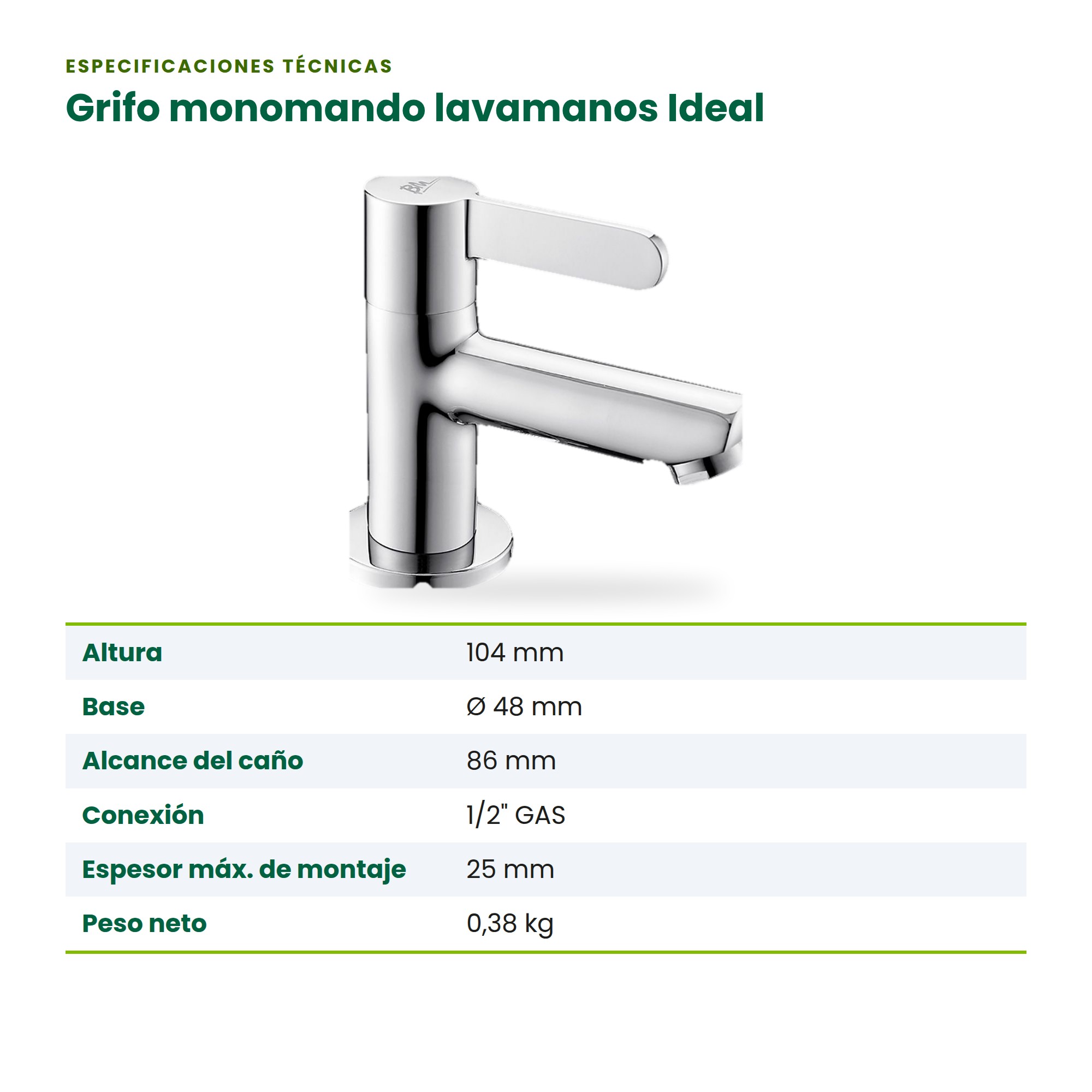 Grifo Monomando BM para Lavamanos: Grifería Cromada de 1 Orificio