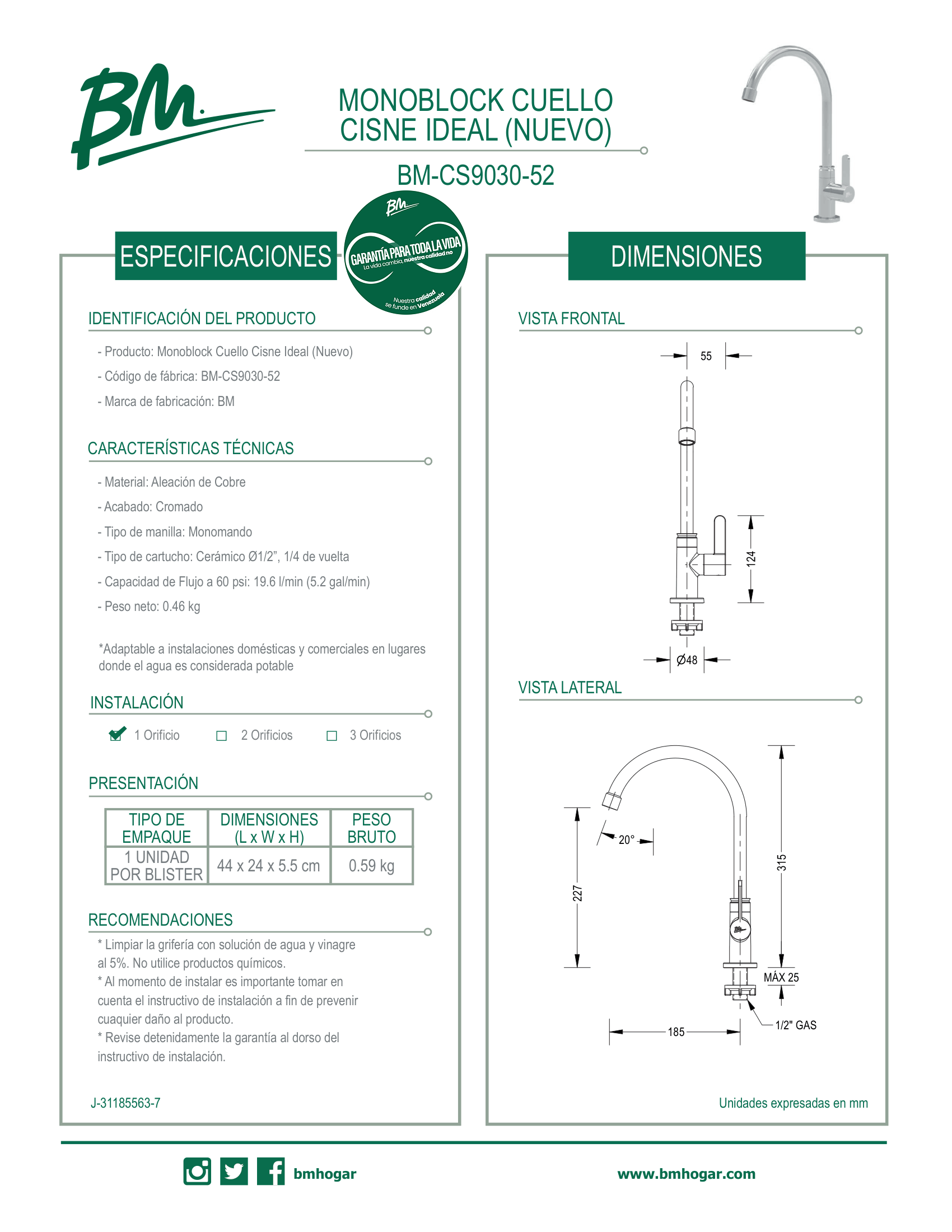 Grifo Monomando Cuello de Cisne para Fregadero BM-CS9030-52