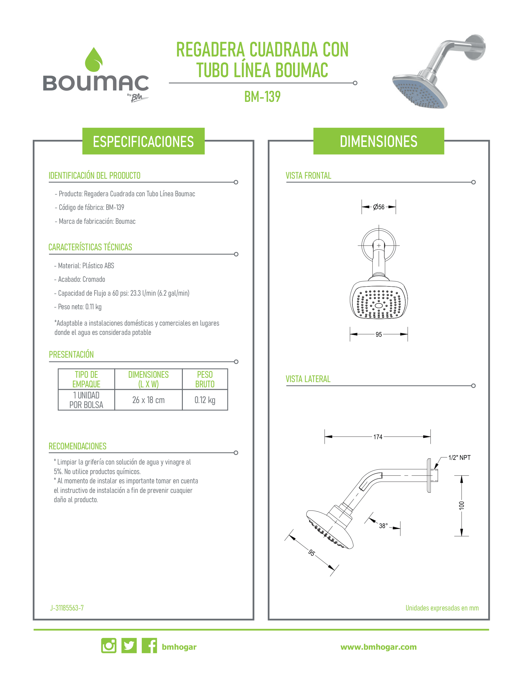 Regadera cuadrada con tubo cromada Boumac BM-139 para baño