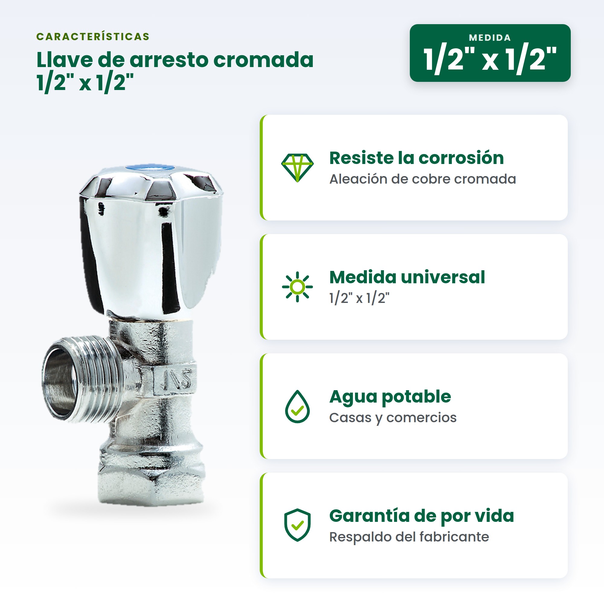 Llave de Arresto Cromada 1/2 x 1/2 en Aleación de Cobre para Agua Potable - BM