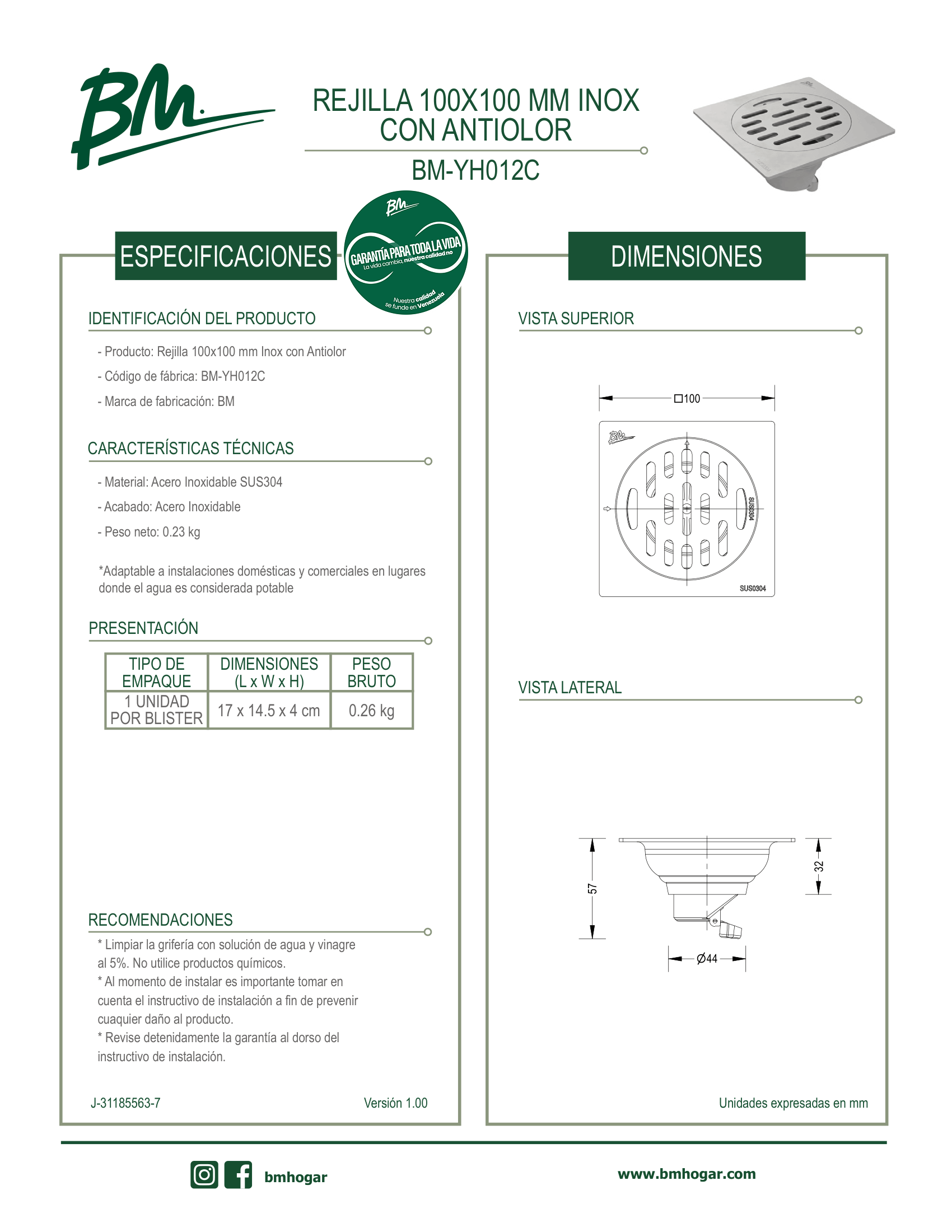 Rejilla de acero inoxidable de 100x100 mm para desagüe con sistema antiolor