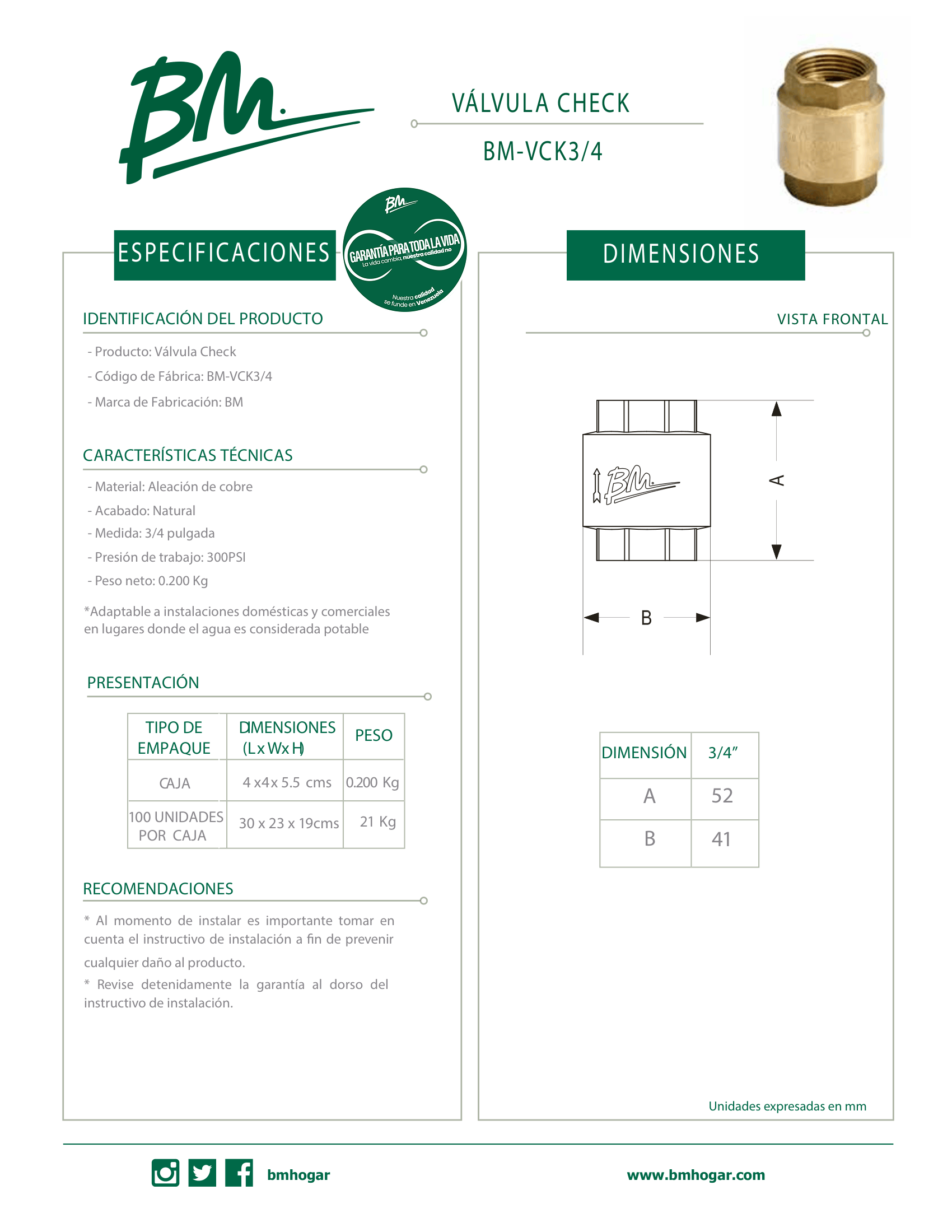 Válvula Check de 3/4 para Agua Potable BM-VCK3/4