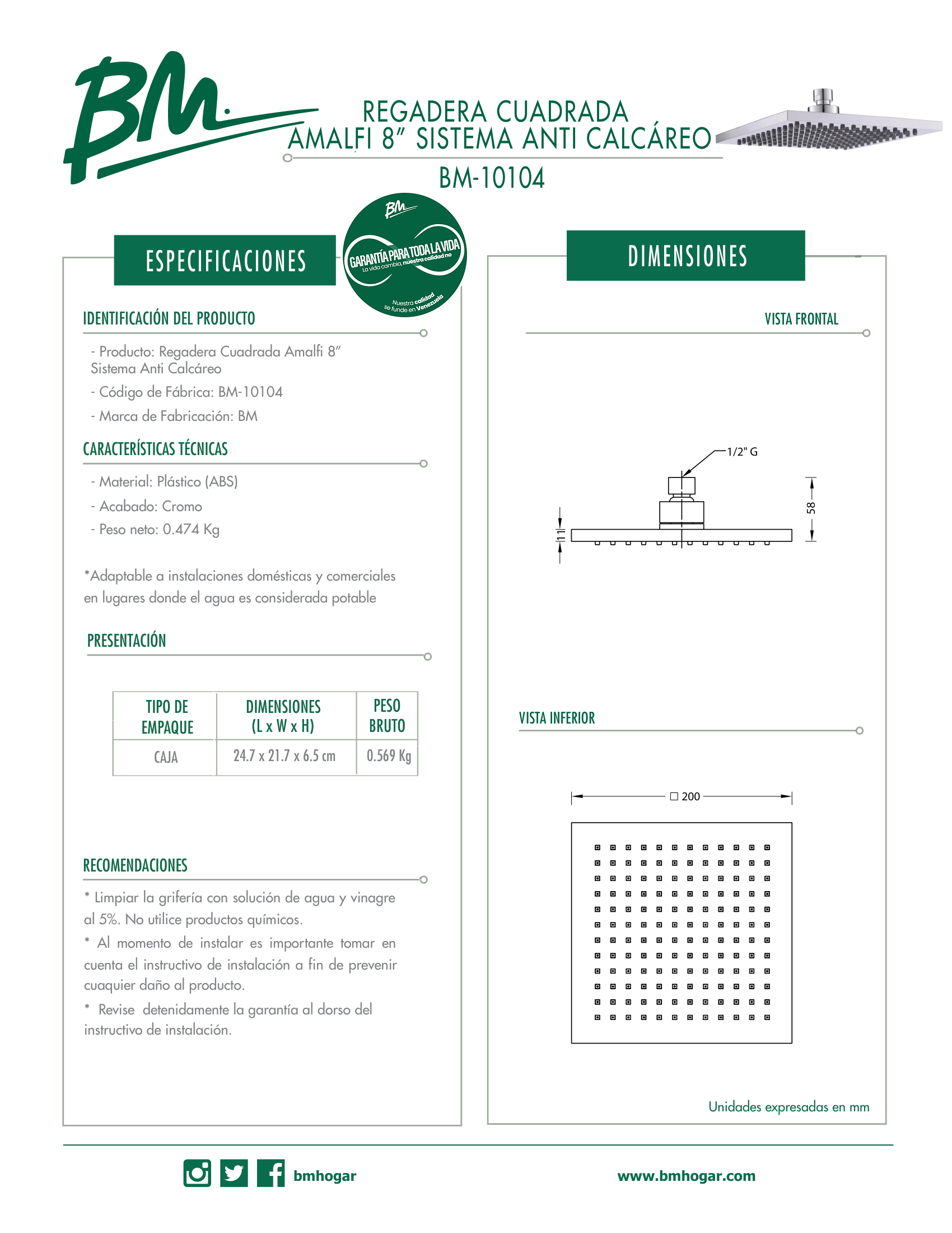 Regadera Cuadrada Amalfi de 8 Pulgadas con Sistema Anti Calcáreo