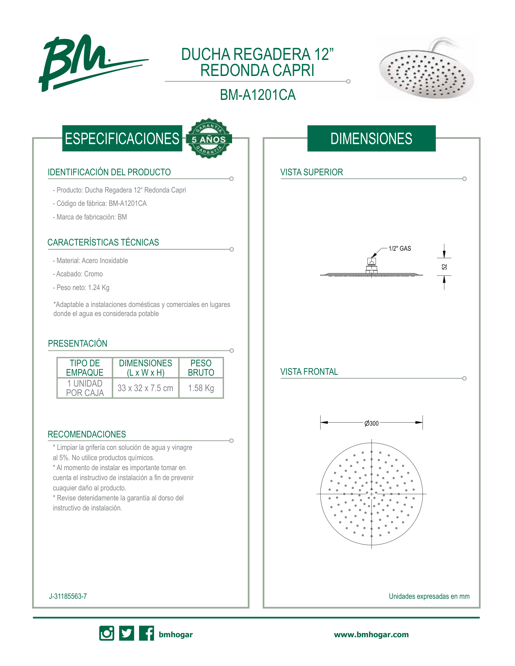 Ducha regadera redonda de 12 pulgadas para baño moderna y brillante