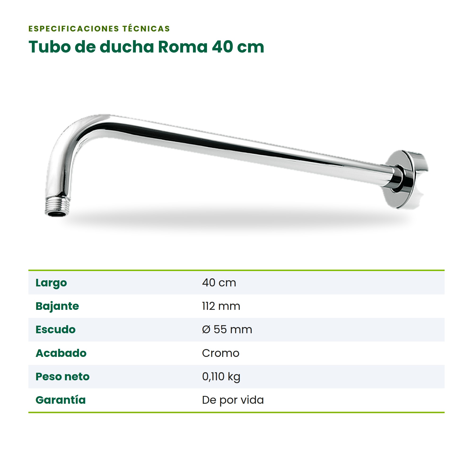 Tubo para Regadera de 40 cm BM-TR40 con Acabado en Cromo